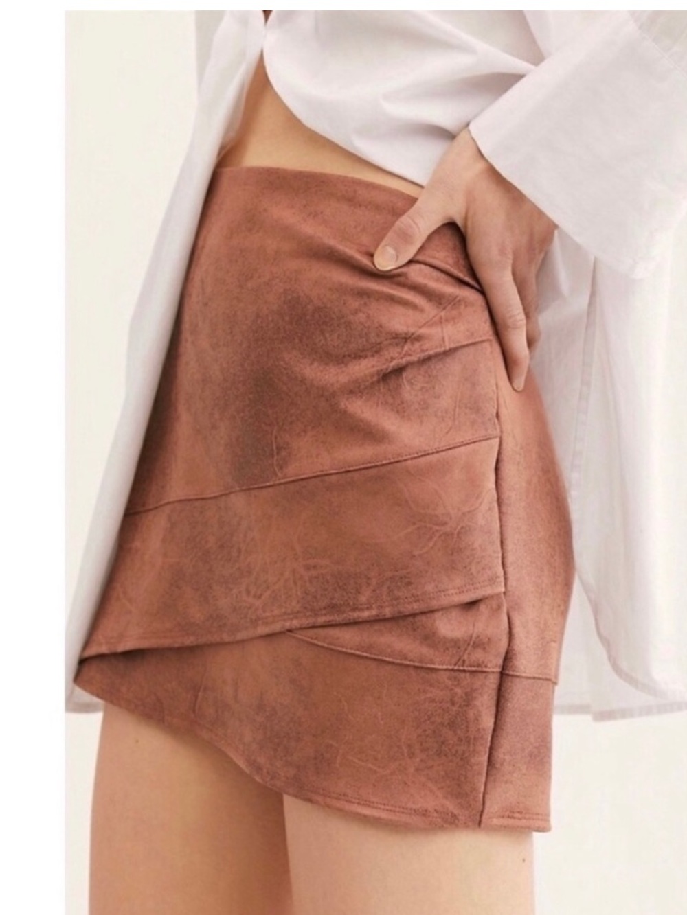 Free People Brown Faux Suede Wrap Mini Skirt Size 8 Ruched Side Zipper